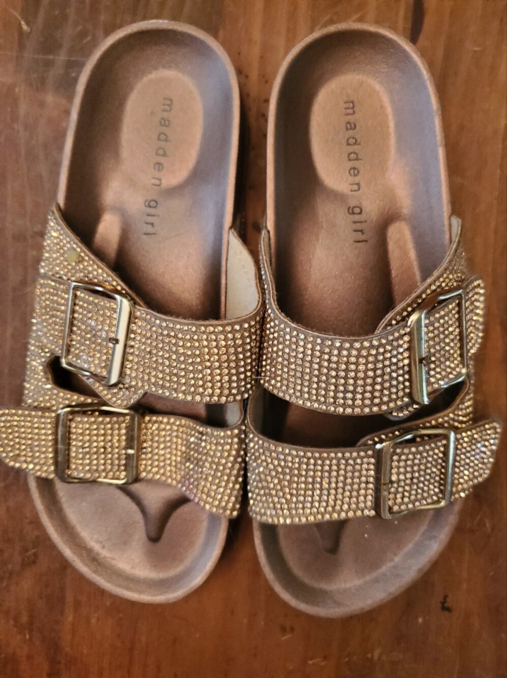 Madden Girl Gold Rhinestone Double-Buckle Slide Sandals